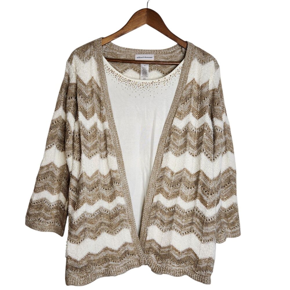 Alfred Dunner Twofer Mock Twinset Cardigan Sweater Ivory Tan Sequins Chevron 1X